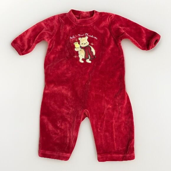 Classic Pooh Size 0-3 Months Red Velour Jumpsuit Baby's First Christmas - Picture 1 of 6